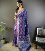 Blue pure lichi soft silk saree with gold zari weaving and contrast blouse