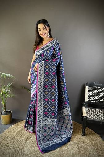 Navy blue pure lichi soft silk saree with gold zari weaving and contrast blouse