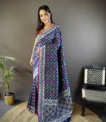 Navy blue pure lichi soft silk saree with gold zari weaving and contrast blouse