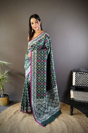 Green pure lichi soft silk saree with gold zari weaving and contrast blouse