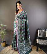 Green pure lichi soft silk saree with gold zari weaving and contrast blouse