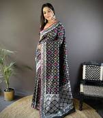 Black pure lichi soft silk saree with gold zari weaving and contrast blouse