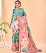 Rama Paithani style zari weaving silk bland Floral pallu saree with Blouse