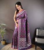 Purple pure lichi soft silk saree with gold zari weaving and contrast blouse