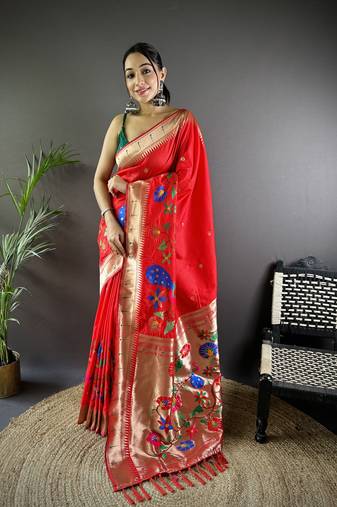 Red soft kanjivaram paithani silk saree with zari weaving and contrast blouse
