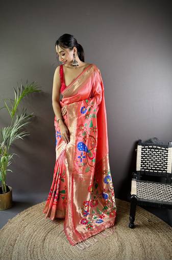 Pink soft kanjivaram paithani silk saree with zari weaving and contrast blouse