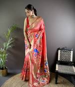 Pink soft kanjivaram paithani silk saree with zari weaving and contrast blouse