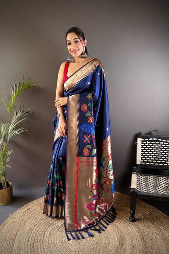 Navy blue soft kanjivaram paithani silk saree with zari weaving and contrast blouse