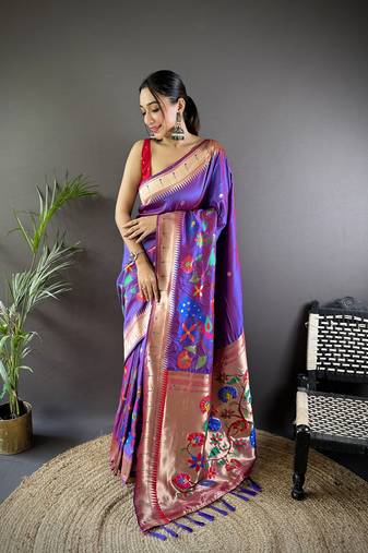 Violet soft kanjivaram paithani silk saree with zari weaving and contrast blouse
