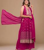Magenta Georgette Semi Stitched Embroidered Palazzo Suit