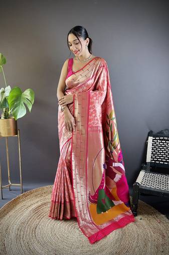 Pink banarasi silk saree with gold zari patta and contrast blouse