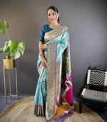 Blue banarasi silk saree with gold zari patta and contrast blouse