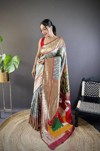 Grey banarasi silk saree with gold zari patta and contrast blouse