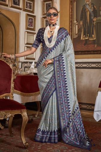 Soft silk woven printed patola designed saree (grey)