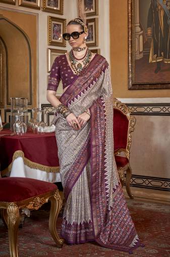 Soft silk woven printed patola designed saree (beige)