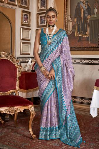 Soft silk woven printed patola designed saree (lavender)
