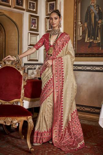 Soft silk woven printed patola designed saree (ivory)