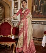 Soft silk woven printed patola designed saree (ivory)