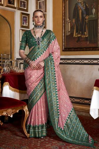 Soft silk woven printed patola designed saree (peach)