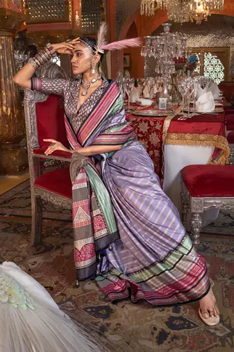 Soft silk stripped patola saree for women (levender)