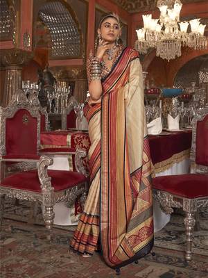 Soft silk stripped patola saree for women (beige) 1
