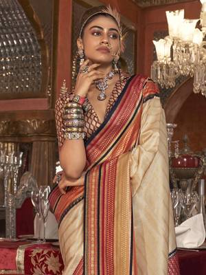 Soft silk stripped patola saree for women (beige) 2