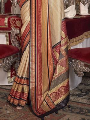 Soft silk stripped patola saree for women (beige) 3