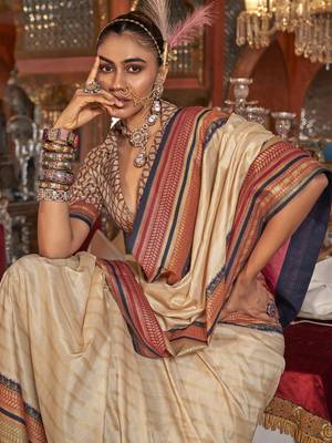 Soft silk stripped patola saree for women (beige) 4