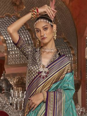 Soft silk stripped patola saree for women (turquoise) 2