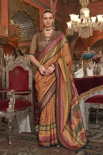 Soft silk stripped patola saree for women (musturd)