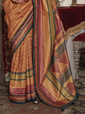 Soft silk stripped patola saree for women (musturd) 3