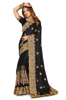Women'S Black Zari Embroidered Satin Saree With Unstitch Blouse Piece 1