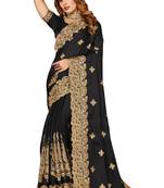 Women'S Black Zari Embroidered Satin Saree With Unstitch Blouse Piece