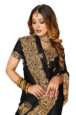 Women'S Black Zari Embroidered Satin Saree With Unstitch Blouse Piece 2