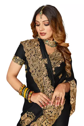 Women'S Black Zari Embroidered Satin Saree With Unstitch Blouse Piece