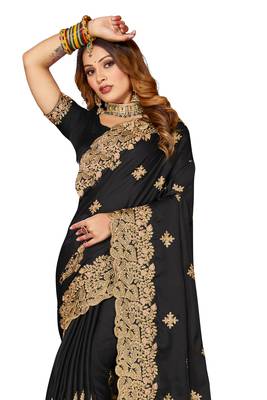 Women'S Black Zari Embroidered Satin Saree With Unstitch Blouse Piece 3