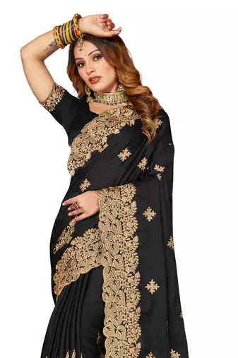 Women'S Black Zari Embroidered Satin Saree With Unstitch Blouse Piece