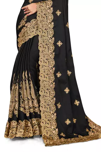 Women'S Black Zari Embroidered Satin Saree With Unstitch Blouse Piece
