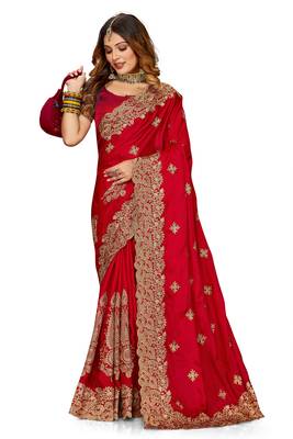 Women'S Red Zari Embroidered Satin Designer Saree With Unstitch Blouse Piece 1