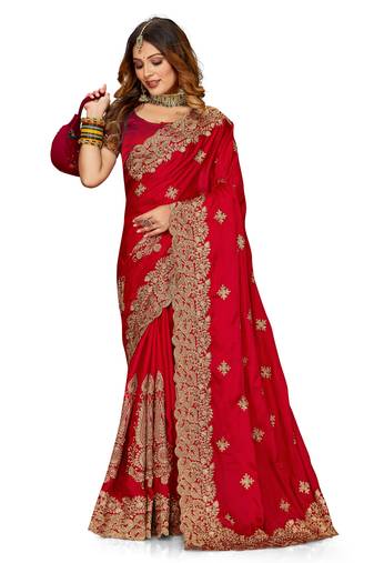 Women'S Red Zari Embroidered Satin Designer Saree With Unstitch Blouse Piece