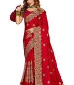 Women'S Red Zari Embroidered Satin Designer Saree With Unstitch Blouse Piece