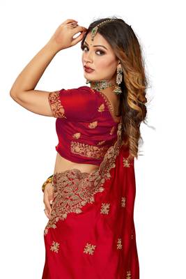 Women'S Red Zari Embroidered Satin Designer Saree With Unstitch Blouse Piece 2