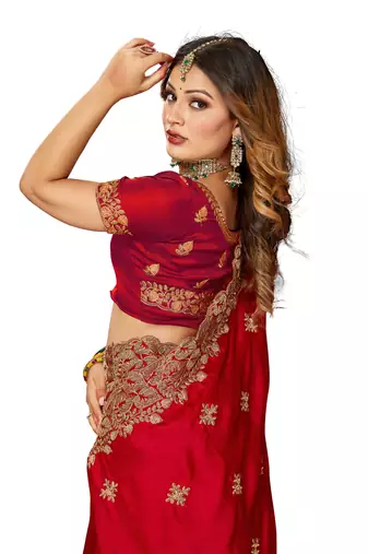 Women'S Red Zari Embroidered Satin Designer Saree With Unstitch Blouse Piece