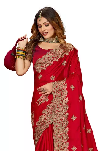 Women'S Red Zari Embroidered Satin Designer Saree With Unstitch Blouse Piece
