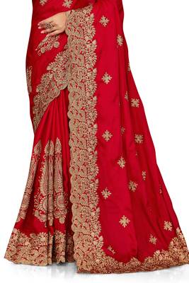 Women'S Red Zari Embroidered Satin Designer Saree With Unstitch Blouse Piece 4