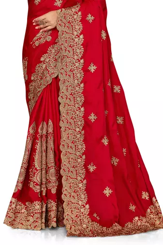 Women'S Red Zari Embroidered Satin Designer Saree With Unstitch Blouse Piece