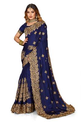 Women'S Navy Blue Zari Embroidered Satin Saree With Unstitch Blouse Piece 1