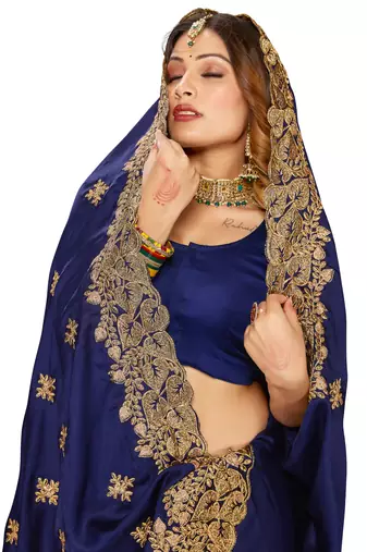 Women'S Navy Blue Zari Embroidered Satin Saree With Unstitch Blouse Piece