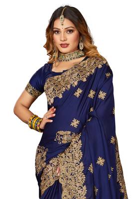 Women'S Navy Blue Zari Embroidered Satin Saree With Unstitch Blouse Piece 3