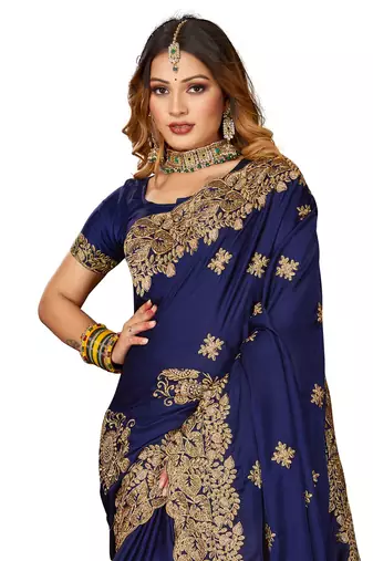 Women'S Navy Blue Zari Embroidered Satin Saree With Unstitch Blouse Piece